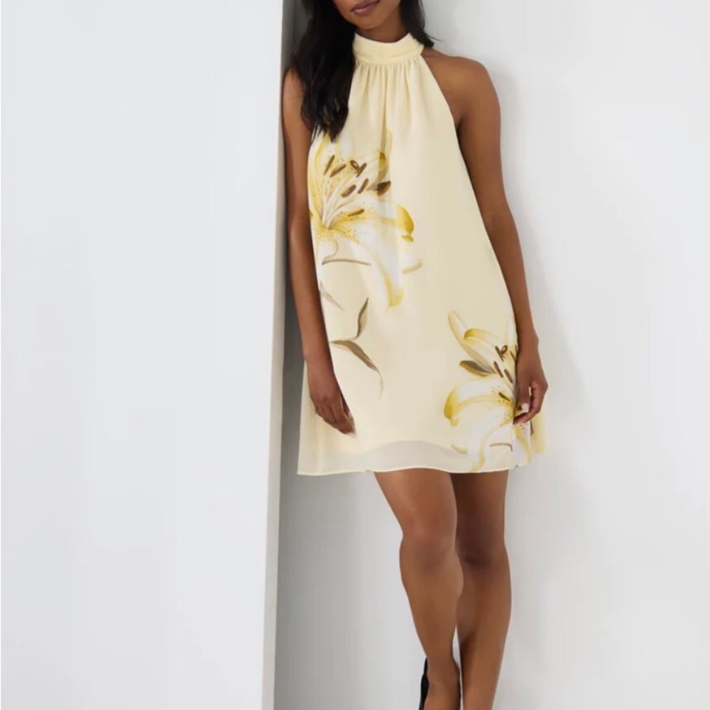Elegant Cream Floral Halter Dress